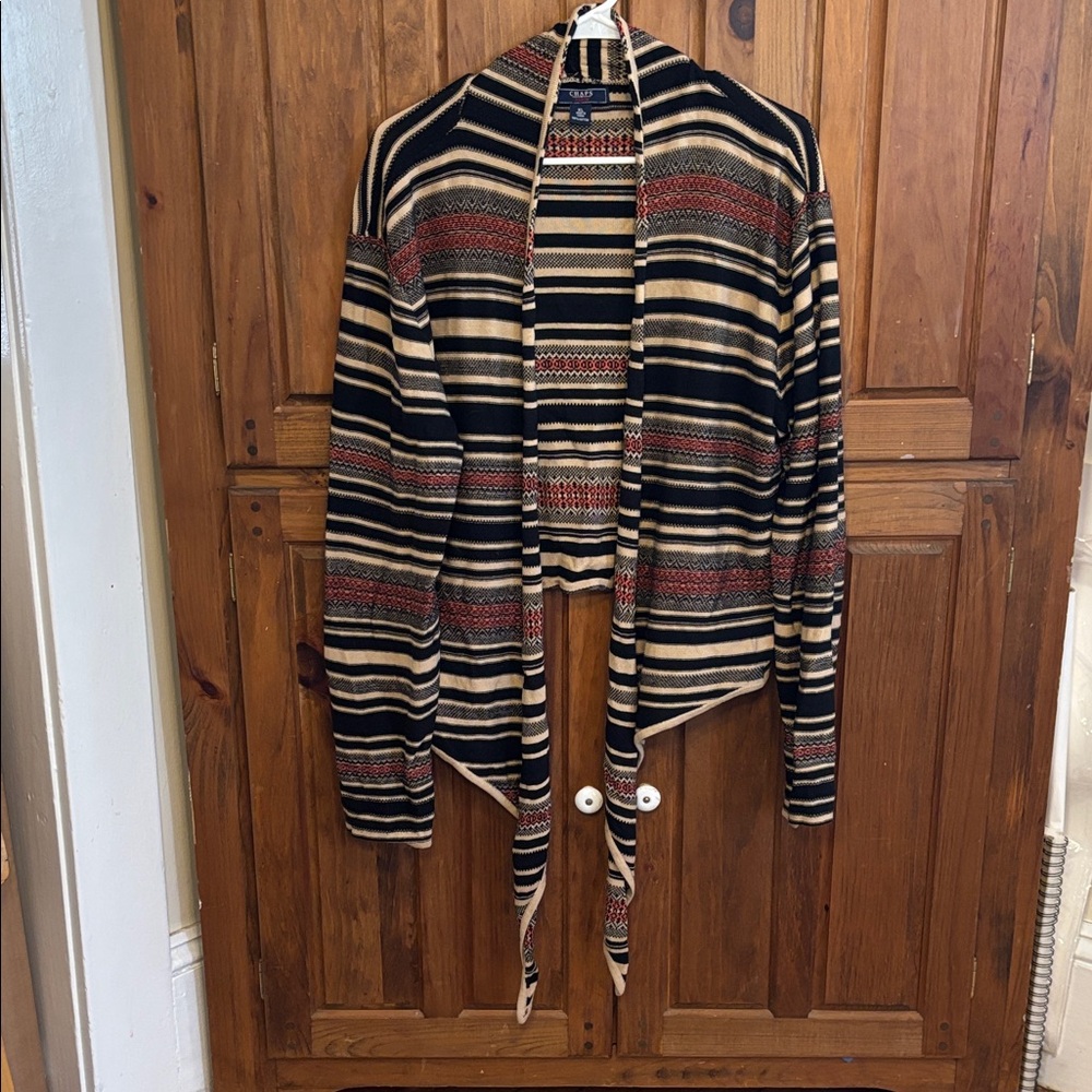 Chaps Denim Women’s Tan Black Striped Open Front Draped Cardigan Sweater Size XL